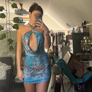 Fashion Nova Blue and Brown Halter Dress